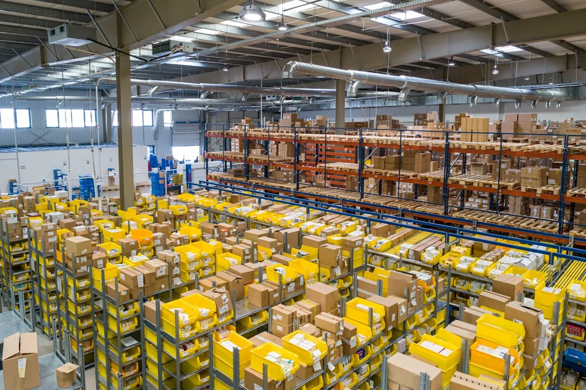 Modern warehouse with yellow racking and packed pallets