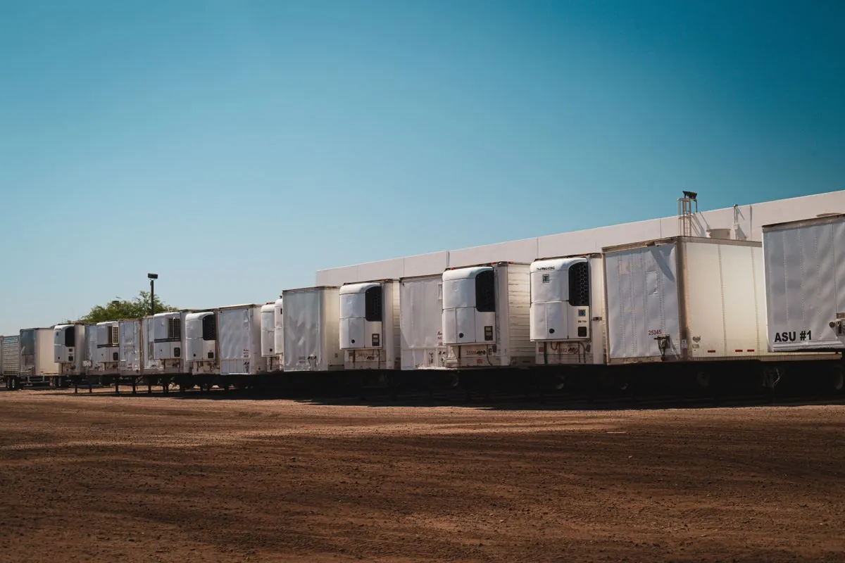 Refrigerated trucks parked in a yard